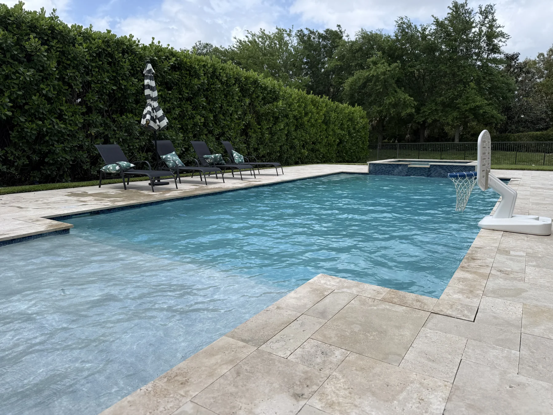 Tropical landscaping framing a perfectly balanced backyard pool